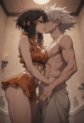 1boy 1girls ai_generated amo_empool bathroom gachiakuta grab_waist imminent_sex kiss kissing no_shirt partially_clothed rudo_surebrec underwear