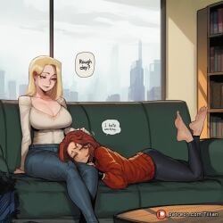 2girls ai_generated barefoot blonde_hair blue_eyes breasts cleavage couch denim earrings emma_frost english_text feet female female_only indoors jean_grey jeans jewelry large_breasts marvel multiple_girls pants red_hair soles tillian toes