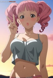 1girls ai_generated belly belly_button below_view blush blush_lines blushing breasts brown_eyes cloud clouds crop_top deviantart_link eyelashes female female_only light-skinned_female light_skin lipstick looking_at_viewer looking_down medium_breasts medium_hair miwako_sakurada painted_toenails panties paradise_kiss peace_sign pink_blush pink_eyebrows pink_hair pink_lips pink_nails sky solo stomach straight_bangs thin_eyebrows twintails twirling_hair underwear watermark wide_eyed