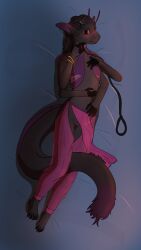 4_arms 4_fingers 9:16 absurd_res alien alien_humanoid antennae_(anatomy) anthro blush clothing clothing_aside collar female fin fingers flat_chested fluffy fluffy_tail genitals gills hair harem_outfit harem_pants hi_res humanoid hybrid leash leashed_collar lying michin misterluk multi_arm multi_limb on_back pelvic_curtain pigeon_(misterluk) purple_eyes shy solo tail veromi vulva