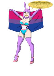 alternate_hair_color bare_shoulders bisexual_flag bisexual_pride_colors bunnysuit cleavage crossover elbow_gloves english_text evelyn_(meta_runner) female_possession flag fur_collar glitch_productions gloves grin high_heels holding_flag huge_breasts jax_(the_amazing_digital_circus) lace-trimmed_gloves lace-trimmed_leotard lace-trimmed_thighhighs leotard lipstick makeup male_in_female_body meta_runner pink_heels playboy_bunny possessed possession pride_month purple_gloves purple_hair purple_thighhighs rabbit_ear_hairband rabbit_ears rabbit_tail speech_bubble the_amazing_digital_circus thick_thighs thighhighs trans_pride_colors twilight_jester wink yellow_eyes