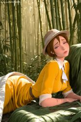 1girl ai_generated artist_name bamboo bamboo_forest blue_eyes brown_hair disney dress forest hat hi_res high_quality high_resolution jane_porter light_rays lips looking_at_viewer lying nature patreon plant seductive sexy short_hair solo spicytoonai sunbeam sunlight uncensored watermark yellow_dress