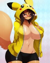 1girls anthro bare_belly big_breasts black_hair black_shorts breasts brown_eyes canine clothed female fox fully_clothed fur furry hazel_eyes hoodie innie_belly_button mammal nintendo no_bra one_eye_closed pikachu pokemon shoulder_length_hair small_waist smile solo solo_female solo_focus sssonic2 unzipped_hoodie white_sclera wide_hips wink winking_at_viewer yellow_hoodie