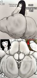 1girl 2_panel_comic ahegao anus ass_focus black_hair blush comic crying drooling exaggerated_proportions from_behind gaping_anus huge_ass lineart long_black_hair looking_at_viewer massive_ass mating_press monochrome nude open_mouth pussy roblox spread_legs spread_pussy sweat tears the_mimic thick_thighs traditional_media wide_hips