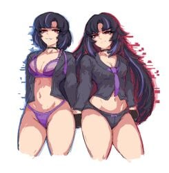 2girls araya_(limbus_company) breasts female female_only glitch_effect glitching limbus_company littleteze looking_at_viewer mother_and_daughter mother_and_daughter_(lore) multicolored_hair multiple_girls navel oyakodon panties project_moon red_eyes ryoshu_(limbus_company) white_background