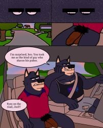absurd_res annoyed anthro balls black_body black_clothing black_outline black_shirt black_tank_top black_topwear bottomless bottomwear brother_(lore) brothers_(lore) canid canine canis car_interior clothed clothing collared_shirt comic dialogue domestic_dog duo eddicus edgar_(eddicus) eyebrows facial_hair foreskin fur genitals grey_bottomwear grey_clothing grey_shorts hi_res husky inside_vehicle joel_(eddicus) male male/male mammal muscular muscular_male mustache nordic_sled_dog outline overweight penis polo_shirt pubes red_clothing red_shirt red_topwear shirt shorts shove sibling_(lore) smile smirk speech_bubble spitz tan_body tan_fur tank_top thick_eyebrows topwear