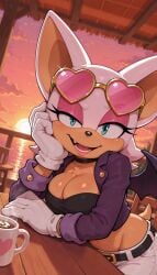 ai_generated anthro bat beverage breasts cleavage clothed clothing eyeshadow eyewear female fur half-closed_eyes hi_res lipstick looking_at_viewer makeup mammal narrowed_eyes rouge_the_bat sega solo sonic_(series) sun sunglasses sunset tan_body tan_skin white_body white_fur