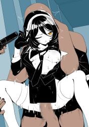 1girl 2boys absurdres black_bra black_dress black_hair black_necktie bra breasts clothed_female_nude_male commentary_request dress gun handgun highres holding holding_gun holding_weapon medium_breasts multiple_boys necktie nude one_eye_closed orange_eyes original penis rape shirt short_hair spread_legs thighhighs underwear vaginal weapon white_shirt white_thighhighs yanagui_yugi