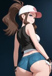 1girls ai_generated ass ass_focus ass_hanging_out ass_hanging_out_of_shorts baseball_cap booty_shorts brown_hair hilda_(pokemon) long_hair nintendo pokemon short_shorts shorts tagme
