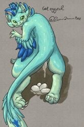 4_ears absurd_res animal_genitalia anthro avali blue_body blue_feathers bodily_fluids cloaca cloaca_juice countershading dewclaw digitigrade egg egg_laying feathered_crest feathered_wings feathers female genital_fluids genitals green_body green_eyes gyrotech head_crest hi_res looking_at_viewer looking_back looking_back_at_viewer luvashi multi_ear solo winged_arms wings zomzombee
