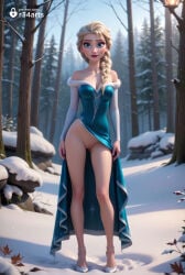 1girls ai_generated artist_name bare_shoulders blonde_hair blue_dress blue_eyes braid breasts clothes_lift disney disney_princess dress dress_lift elsa_(frozen) female_human frozen_(film) frozen_2 full_body hair_over_shoulder hi_res high_heels lipstick long_hair looking_at_viewer makeup medium_breasts nature no_panties outdoors pussy r34arts single_braid snow solo standing tree uncensored winter