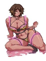 1girls abs babydoll battle_scars big_breasts breasts brown_hair dark-skinned_female dark_skin ear_clip female frown jewelry limbus_company lingerie littleteze looking_at_viewer muscles muscular muscular_female outis_(limbus_company) piercing project_moon scar scars six_pack thick_thighs thighs white_background yellow_eyes
