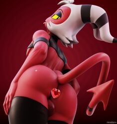 1boy 3d ass back_view backsack balls blender buttplug femboy hellaverse helluva_boss imp looking_back male male_only moxxie_(helluva_boss) rimstar solo solo_male tail thighhighs