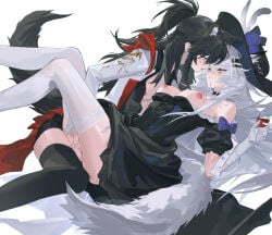 2girls absurdres alternate_costume animal_ear_fluff animal_ear_piercing animal_ears arknights black_dress black_hair black_hat black_thighhighs blue_eyes breasts breasts_out cup dress drinking_glass ears_through_headwear extra_ears eye_contact fingering gloves hair_ornament hairclip hat highres holding holding_cup lappland_(arknights) large_breasts long_hair long_sleeves looking_at_another medium_breasts meng_ziya multiple_girls nipples ponytail simple_background tail texas_(arknights) textless_version thighhighs white_background white_gloves white_hair white_thighhighs wine_glass wolf_ears wolf_girl wolf_tail yuri