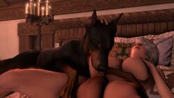3d 3d_animation animated balls_deep beastiality bed bedroom big_breasts big_penis blowjob canine christie_(doa) dead_or_alive deepthroat dobermann fellatio feral_penetrated futa_on_feral futa_on_male futa_penetrating futanari hand_on_head laying_on_bed looking_pleasured no_sound nude nude_futa oral oral_sex short_playtime slapstick70 smile tagme video white_hair zoophilia