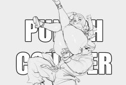 1boy 1girl ass breasts clothing dougi english_text female fingerless_gloves gloves headband hetero high_heels huge_ass ingrid_(capcom) long_hair male martial_arts_belt okgaki panties ryu_(street_fighter) short_hair sitting_on_face smile street_fighter thick_eyebrows thick_thighs thighs wide_hips