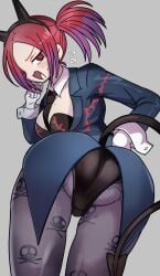 accessory ass ass_focus blush bodysuit bunnysuit butt cleavage crazy_eyes curvy demon demon_girl demon_tail diadem duel_monster fangs female hand_on_hip konami leotard light_skin looking_at_viewer looking_back mole mole_on_breast nervous one_eye_covered open_mouth pose red_eyes red_hair seductive seductive_smile side_view simple_background spiral_eyes standing sweatdrop tail tie tour_guide_from_the_underworld twintails wbsbism yu-gi-oh! yu-gi-oh!_duel_links