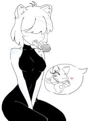 2girls afab blush blushing deltarune femdom finger_in_mouth hands_in_lap kris_(deltarune) kris_female_(deltarune) petplay submissive_female tasque_manager_(deltarune) tongue tongue_out yuri