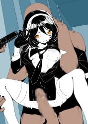 1girl 2boys absurdres black_bra black_dress black_hair black_necktie bra breasts clothed_female_nude_male commentary_request dress gun handgun highres holding holding_gun holding_weapon medium_breasts multiple_boys necktie nude orange_eyes original penis rape shirt short_hair spread_legs thighhighs underwear weapon white_shirt white_thighhighs yanagui_yugi