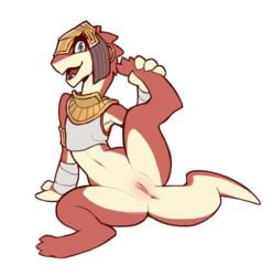 anthro anus armlet armor armpits bandage bottomless clothed clothing ever_oasis feet female holding_feet miura nintendo presenting presenting_anus presenting_pussy pussy questionablecactus red_skin scalie smile solo video_games