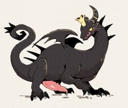 2026 animal_genitalia animal_penis black_body blush blush_lines bodily_fluids claws colored crown curled_tail dragon dragon_king_(tckatgh) dripping feral fuguri genital_fluids genitals hatching_(art) headgear horn male mythological_creature mythological_scalie mythology nippon_ichi_software penis pink_penis precum precum_drip quadruped raised_leg scalie shaded small_wings solo spikes spikes_(anatomy) standing sweat tail tapering_penis the_cruel_king_and_the_great_hero wings yellow_eyes
