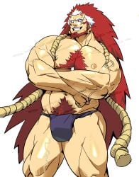 artist_request balls bara beard bulge chest_hair crossed_arms facial_hair flaccid fundoshi fundoshi_only horns long_hair male male_only muscles muscular penis red_hair right_(yomi_no_tsugai) solo solo_male tagme_(artist) yomi_no_tsugai