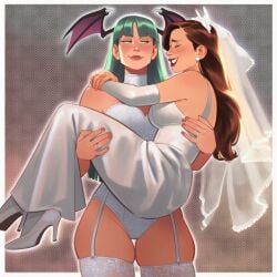 2girls ai_generated big_ass big_breasts big_thighs breasts capcom crossover curvaceous curvy curvy_figure darkstalkers digital_media_(artwork) female female_only genderswap_(mtf) hips hourglass_figure huge_ass huge_breasts huge_thighs humanoid large_ass large_breasts large_thighs legs light-skinned_female light_skin marvel marvel_comics marvel_vs._capcom mature mature_female morrigan_aensland peter_parker petra_parker phophopho rule_63 slim_waist spider-man spider-man_(series) spider-woman succubus thick thick_hips thick_legs thick_thighs thighs voluptuous waist wedding_dress wedding_lingerie wedding_night wedding_veil wide_hips wide_thighs yuri