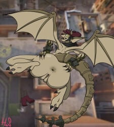 bat_wings black_hair cap city city_background cityscape clawed_feet clawed_fingers clawed_hands clawed_toes claws deadlock flying gargoyle hat hatnshades holding_ass horns horns_through_headwear ivy_(deadlock) looking_at_viewer losing_clothes lost_clothes pants self_upload smile smiling smiling_at_viewer spread_ass spreading spreading_ass stone_body tail trousers tusks wings yellow_eyes