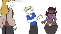 1boy 2girls artist_self-insert bag black_jaiden black_pants blonde_hair blue_shirt blush breasts brown_bag brown_hair cleavage closed_eyes clothing crop_top cropped_shirt curvy dark-skinned_female dark_skin english_text female finger_gun flat_color highleg highleg_panties huge_breasts jaiden jaiden_(jaiden_animations) jaiden_animations jaiden_latina jaidenanimations large_breasts leggings long_hair long_sleeves looking_at_another lowleg lowleg_pants medium_breasts midriff multiple_girls narrow_waist navel navel_piercing open_mouth orange_hair panties pants panty_straps pointing pointing_at_another purple_shirt segmented_comic sexy sexy_pose shirt short_hair short_sleeves simple_background smile steca sweater thelazyart thick thick_legs thick_thighs tight_pants underwear very_dark_skin white_background white_panties wide_hips youtube youtuber youtuber_character youtuber_girl youtubers