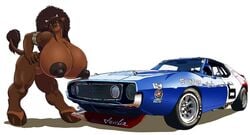 anthro bison bovine bracelet breasts buffalo car dakota_thunders female fluffy_hair gideon hyper hyper_breasts jewelry mammal muscular nipples nude pose simple_background smile solo vehicle white_background