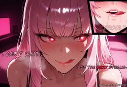 1girl after_sex ai_generated bangs blush breath close-up english_text heart heart-shaped_pupils heavy_breathing kurorgy licking_lips lips long_hair mori_calliope pink_hair red_eyes saliva smile sweat symbol-shaped_pupils tongue tongue_out virtual_youtuber