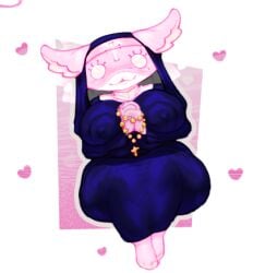 1girls 2026 cat catgirl cross cross_necklace female female_only furry gaizo huge_breasts marshmallow_(mewgenics) mewgenics nun nun_outfit pink_body pink_fur self_upload sitting solo thick_thighs white_eyes wide_hips
