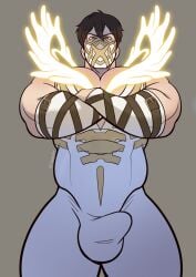 1boy antlers bara biceps brown_hair bulge covered_testicles crossed_arms deer_antlers eikthyrnir_(fire_emblem) english_commentary fire_emblem fire_emblem_heroes glowing_horns highres horns lamasart looking_at_viewer looking_down male_focus masked muscular muscular_male pectoral_cleavage pectorals