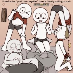 >_o 2boys :p alex_(homie) animal_ears bent_over big_guy_(homie) black_shirt black_shorts bound bound_wrists brown_background bulge closed_eyes colored_skin couch english_text fake_animal_ears gay gay_male grey_pants highres homunculus100 multiple_boys multiple_views no_nipples nude on_couch one_eye_closed open_mouth original pants pet_play red_shirt shirt shorts sweatpants t-shirt tongue tongue_out topless_male white_skin yaoi