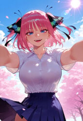 1girl 1girls :d ai_generated balecxi bangs black_ribbon blue_eyes blue_skirt blue_sky blunt_bangs blush bra_visible_through_clothes bralines breast_pocket breasts butterfly_hair_ornament buttons cherry_blossoms clothes_lift clothing cloud collarbone collared_shirt cowboy_shot curvaceous curvaceous_female curvaceous_figure curvy curvy_figure day dress_shirt eyebrows_hidden_by_hair eyelashes falling_petals female female_focus from_below go-toubun_no_hanayome hair_ornament hair_ribbon high-waist_skirt incoming_hug large_breasts lens_flare lips looking_at_viewer makeup medium_hair nakano_nino open_mouth outdoors outstretched_arms petals pink_hair pink_lips pleated_skirt pocket raised_eyebrows reaching reaching_towards_viewer ribbon school_uniform see-through see-through_silhouette shirt shirt_tucked_in short_hair short_sleeves sidelocks skirt skirt_lift sky smile solo spring_(season) standing sun sunlight taut_clothes taut_shirt teeth tented_shirt thighs tree two_side_up uniform upper_body upper_teeth_only voluptuous voluptuous_female white_shirt wind wind_lift wing_collar
