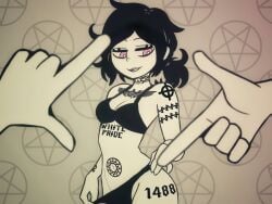 ai_generated ashley_graves black_hair black_sun_symbol black_underwear navel nazi neck_tattoo pentagram pink_eyes stomach swastika tattoo the_coffin_of_andy_and_leyley undressing