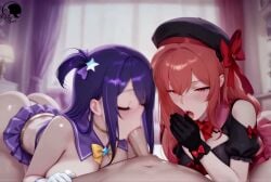 2girl 2girls 2girls1boy ai_generated animated blowjob blue_eyes brown_dust_(series) brown_dust_2 cooperative_fellatio cum cum_drip cum_in_mouth cum_on_breasts cum_on_face cumshot deepthroat drooling fellatio first_person_view kissing large_ass large_breasts liberta_(brown_dust_2) looking_at_viewer moaning moaning_on_cock palette_(brown_dust) pov purple_hair red_eyes red_hair saliva seductive_look sharing_penis small_breasts sound sound_effects tagme teasing teasing_viewer undressing velvet_nymph video