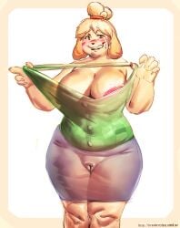 absurd_res animal_crossing anthro belly big_breasts blonde_hair bodily_fluids bottomwear breasts camel_toe canid canine canis clothing domestic_dog female floppy_ears fur genital_outline genitals hair hi_res huge_breasts isabelle_(animal_crossing) mammal nintendo shih_tzu skirt smile solo strawberry_lynx sweat sweatdrop tight_clothing toy_dog voluptuous_anthro voluptuous_female vulva vulva_outline wide_hips yellow_body yellow_fur