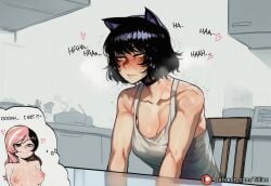 2girls ai_generated animal_ears black_hair blake_belladonna blush breasts cat_ears choker cleavage english_text futa_with_female heart multicolored_hair multiple_girls neo_(rwby) nipples pink_hair rwby short_hair splitcolor_hair tank_top thought_bubble tillian twotone_hair yellow_eyes