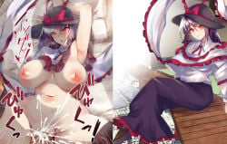1boy 1girl black_hat black_shoes black_skirt black_thighhighs bow breasts capelet censored commentary_request cum cum_in_pussy curvy ejaculation frilled_capelet frilled_skirt frills happy_sex hat hat_box heart hetero high_heels highres kurokan_(kokkyou_oudan) large_breasts long_skirt long_sleeves looking_at_viewer medium_hair mosaic_censoring nagae_iku navel nipples on_bed open_mouth penis pillow purple_hair pussy red_bow red_eyes sex shirt shoes sitting skirt smile solo_focus spread_legs thighhighs touhou translation_request vaginal variant_set white_capelet white_shirt