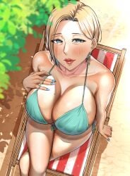 1girls aunt beach beach_chair big_breasts bikini bikini_top blonde_hair blue_bikini blue_eyes blue_nail_polish blue_nails blush breasts chair cleavage crossed_legs ear_piercing earrings female female_only hair high-angle_view hoop_earrings huge_breasts legs_crossed lips mature mature_female mature_woman milf mole mole_on_breast mole_under_mouth n0n_001 nail_polish nails original original_character solo solo_female sweat sweatdrop swimwear tagme_(character) topwear