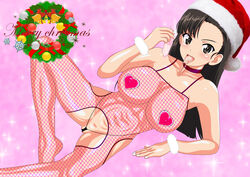 black_eyes black_hair blush breasts condom cum cum_in_mouth female girls_und_panzer large_breasts mevius9 navel nishi_kinuyo santa_hat solo used_condom