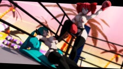 2girls 3d 3d_(artwork) after_fight big_breasts blue_hair boxing boxing_gloves boxing_ring breasts catfight curvy cyan_boxing_gloves cyan_gloves defeated defeated_female drill_hair duo female female_focus female_only fighting fighting_ring garter_belt garter_straps gloves hatsune_miku kabalmystic_(style) kasane_teto large_breasts long_hair nipples outdoors red_boxing_gloves red_gloves red_hair ryona stockings thick thick_thighs thighhighs thighs thong topless topless_boxing topless_female twintails vocaloid wide_hips