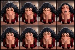 >_< 1girl ai_generated black_hair blush border breasts cleavage closed_eyes disney disney_villains dress expressions finger_in_mouth hi_res high_quality high_resolution large_breasts long_hair looking_at_viewer mother_gothel music patreon pout seductive sexy smile spicytoonai tangled uncensored watermark yawning