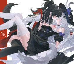 2girls absurdres alternate_costume animal_ear_fluff animal_ear_piercing animal_ears arknights black_dress black_hair black_hat black_thighhighs blue_eyes breasts breasts_out cup dress drinking_glass ears_through_headwear extra_ears eye_contact fingering gloves hair_ornament hairclip hat highres holding holding_cup lappland_(arknights) large_breasts long_hair long_sleeves looking_at_another medium_breasts meng_ziya multiple_girls nipples ponytail simple_background tail texas_(arknights) thighhighs white_background white_gloves white_hair white_thighhighs wine_glass wolf_ears wolf_girl wolf_tail yuri