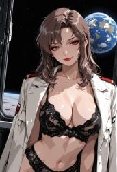 ai_generated brown_hair gundam gundam_seed inside_spaceship long_hair looking_at_viewer mature_female military_uniform murrue_ramius shiny_hair shiny_skin space spacecraft spaceship