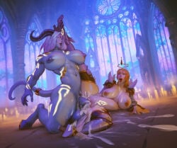 athletic_female cum_leaking cumshot draenei excessive_cum fucked_silly futa futanari horsecock huge_balls huge_breasts huge_cock human jacelyn_(draebaevyrella) muscular_futanari stomach_bulge toned_futanari tongue_out vyrella_(draebaevyrella) warcraft world_of_warcraft