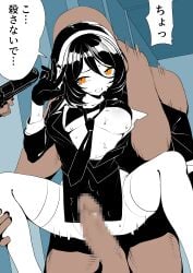 1girl 2boys absurdres black_bra black_dress black_hair black_necktie bra breasts clothed_female_nude_male commentary_request dress gun handgun highres holding holding_gun holding_weapon medium_breasts multiple_boys necktie nude orange_eyes original penis rape shirt short_hair speech_bubble spread_legs thighhighs underwear weapon white_shirt white_thighhighs yanagui_yugi