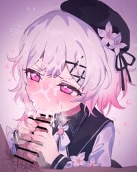 1boy 1girl bar_censor blush censored commentary_request cum cum_on_body facial fellatio flower from_above hair_ornament hat heart hetero highres hitotomo mahou_shoujo_no_majo_saiban oral penis pink_hair pubic_hair sakuraba_ema solo_focus vignetting x_hair_ornament