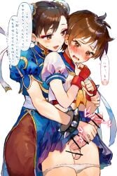 2girls bar_censor blush bracelet brown_hair brown_pantyhose censored chinese_clothes chun-li commentary_request double_bun earrings from_behind futa_with_female futanari grabbing_another's_penis hair_bun highres jewelry kasugano_sakura multiple_girls neckerchief panties panty_pull pantyhose penis precum sailor_collar school_uniform serafuku short_hair skirt speech_bubble spiked_bracelet spikes street_fighter sweat ten-goku thick_thighs thighs underwear wide_hips
